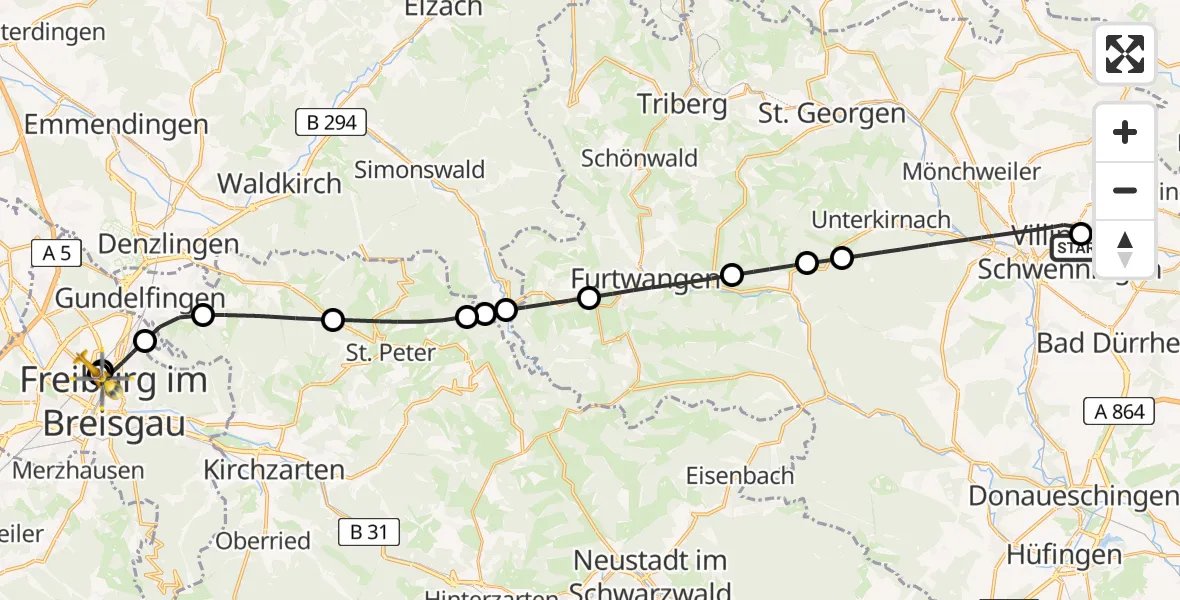 Flugroute Rettungshubschrauber DRF Air Rescue Station Villingen-Schwenningen Hubschrauberlandeplatz (Christoph 11) - Freiburg University Hospital Heliport 1, 22 April 2026, 09:07