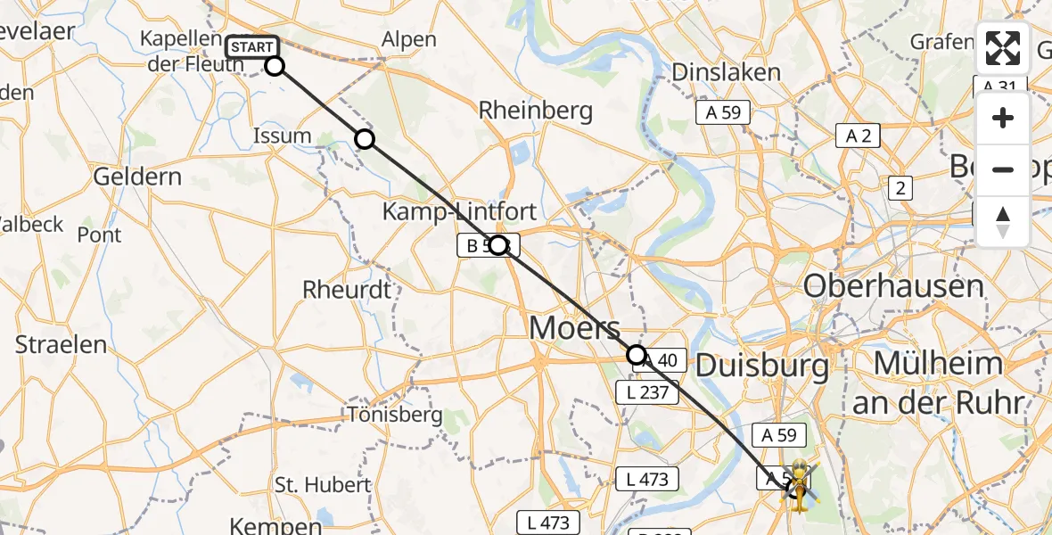 Flugroute Rettungshubschrauber Sonsbeck - Duisburg Air Rescue Hubschrauberlandeplatz (Christoph 9), 22 April 2026, 09:08
