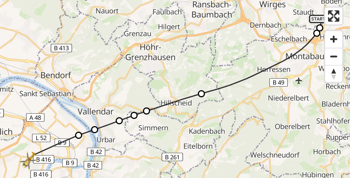 Flugroute Rettungshubschrauber Staudt - Koblenz, 22 April 2026, 09:09