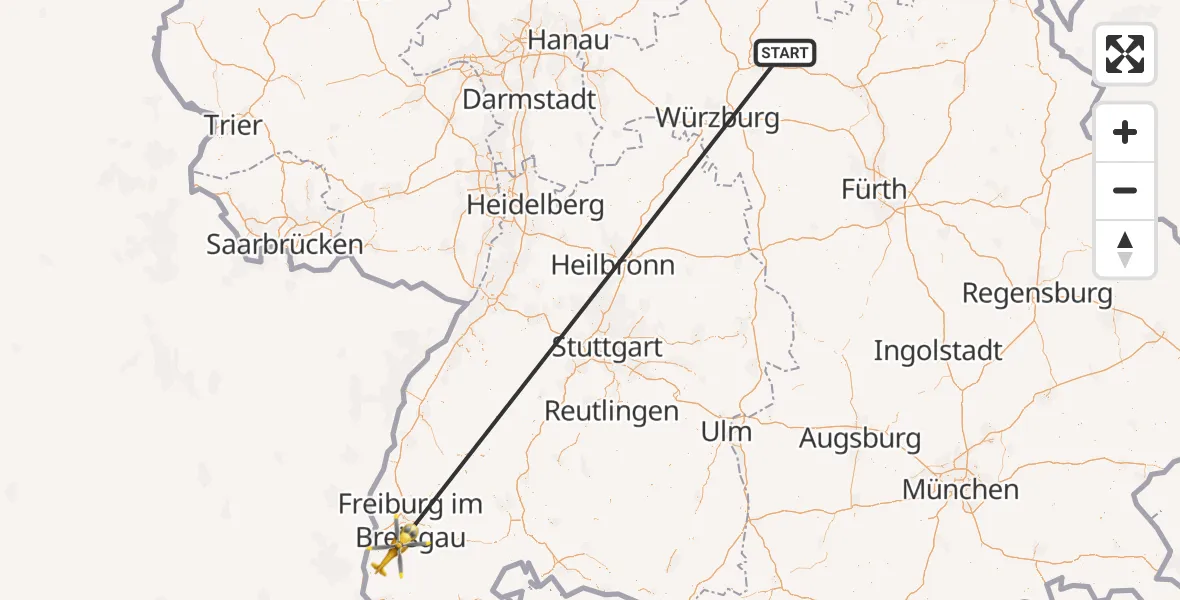 Flugroute Rettungshubschrauber Schonungen - Staufen im Breisgau, 22 April 2026, 09:13