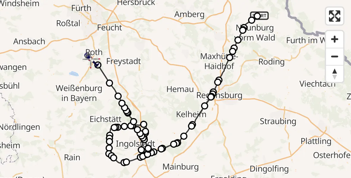 Flugroute Polizeihubschrauber Oberviechtach - Roth, 22 April 2026, 09:14