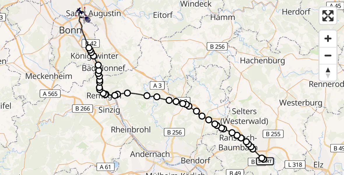 Flugroute Polizeihubschrauber Montabaur - Sankt Augustin, 22 April 2026, 09:15