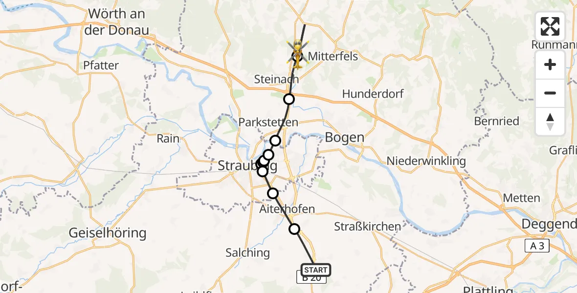 Flugroute Rettungshubschrauber Oberschneiding - Ascha, 22 April 2026, 09:17