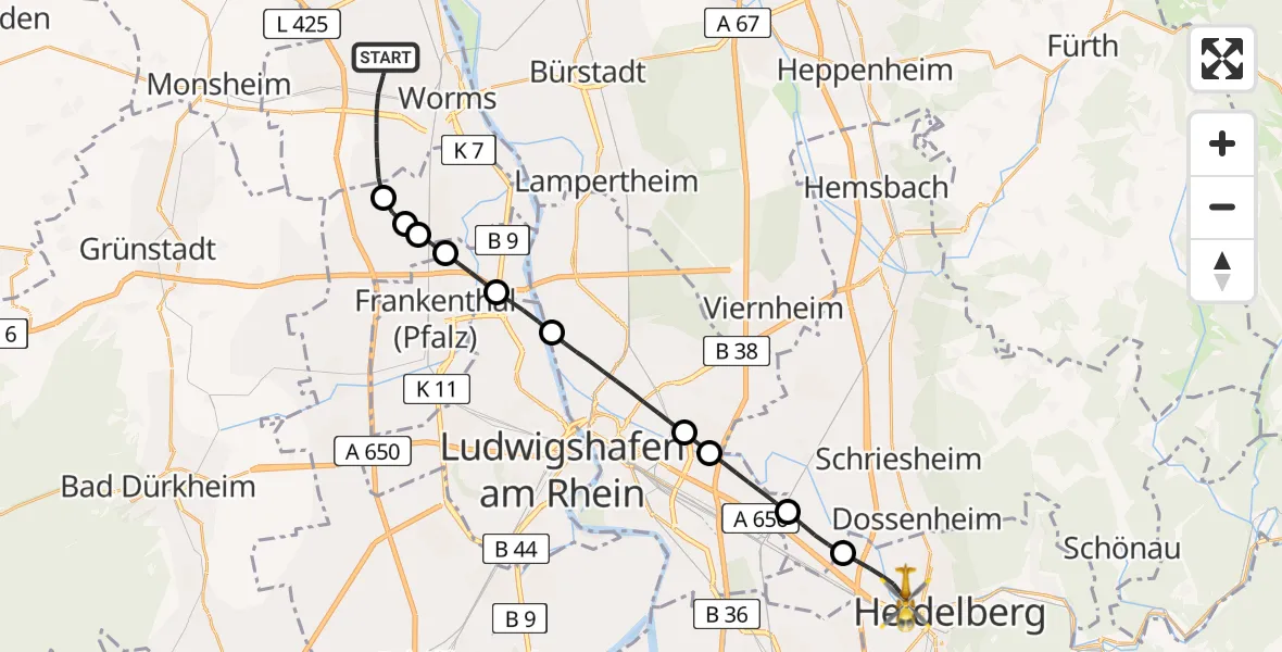 Flugroute Rettungshubschrauber Worms - Heidelberg, 22 April 2026, 09:21