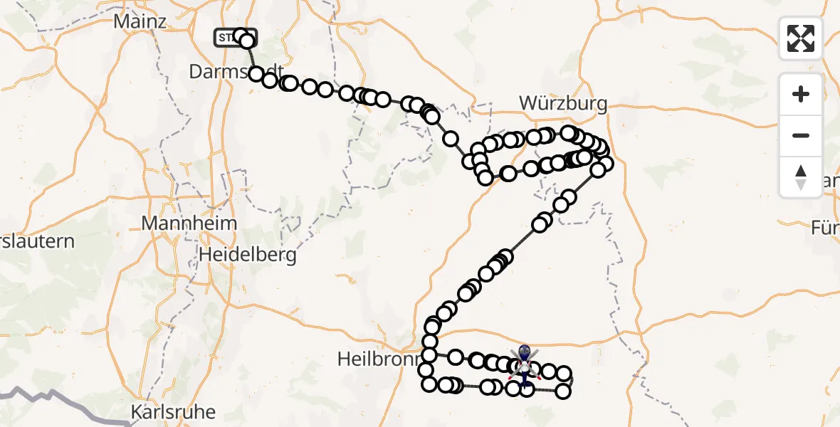 Flugroute Polizeihubschrauber Flughafen Frankfurt-Egelsbach - Schwäbisch Hall-Weckrieden Flugplatz, 22 April 2026, 09:38
