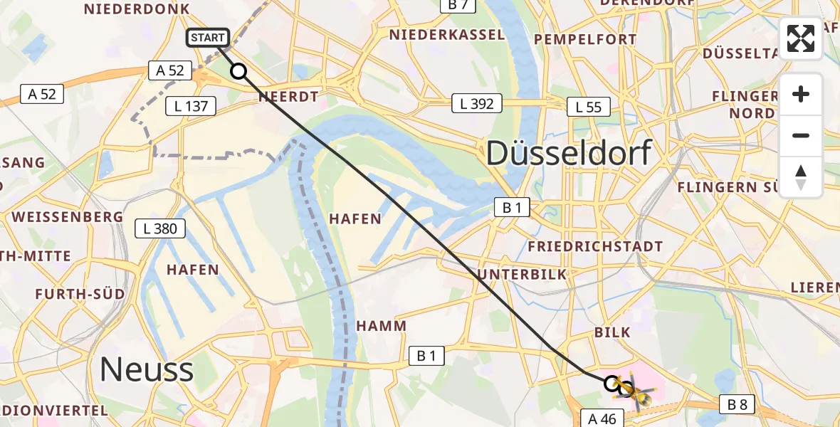 Flugroute Rettungshubschrauber Meerbusch - Düsseldorf University Hospital, 22 April 2026, 09:38