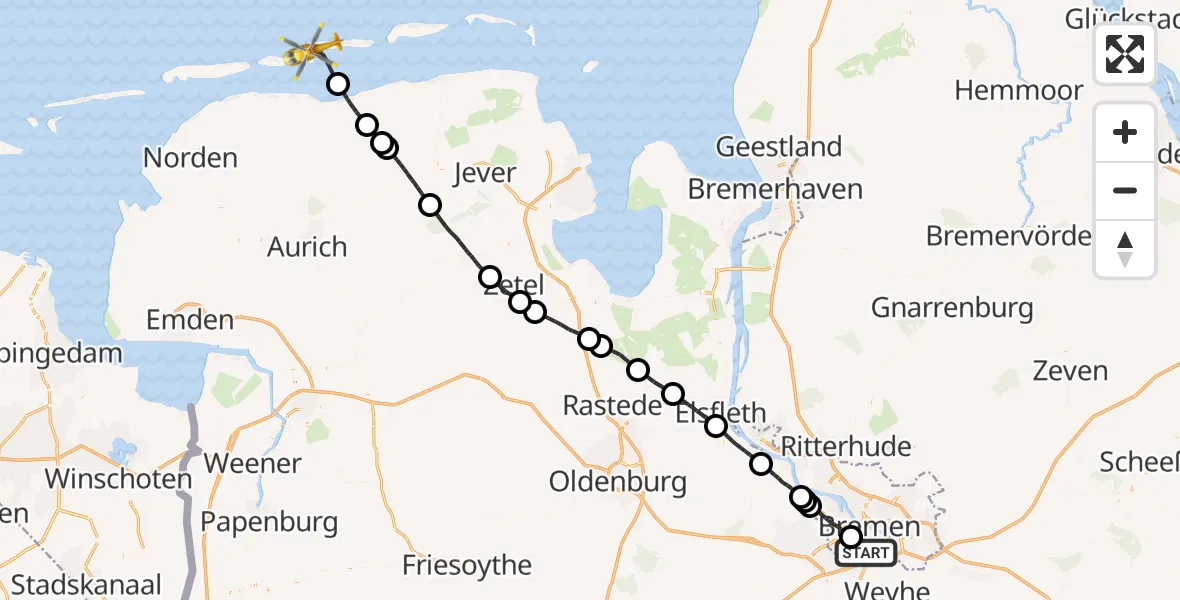 Flugroute Rettungshubschrauber Flughafen Bremen - Langeoog Flughafen, 22 April 2026, 09:42