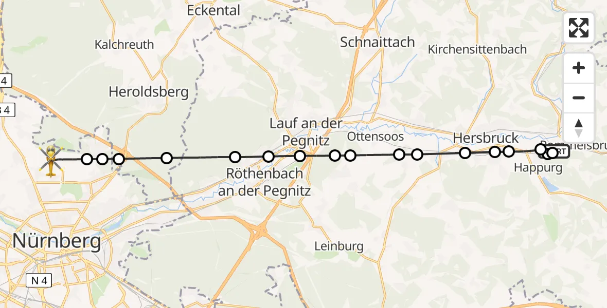 Flugroute Rettungshubschrauber Pommelsbrunn - Flughafen Nuremberg, 22 April 2026, 09:47