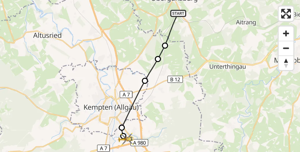 Flugroute Rettungshubschrauber Günzach - Kempten-Durach Flugplatz, 22 April 2026, 09:50