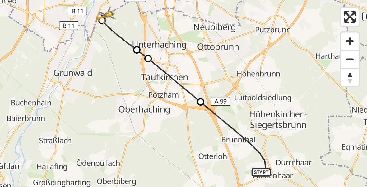 Flugroute Rettungshubschrauber Brunnthal - ADAC Air Rescue Center Hubschrauberlandeplatz (Christoph 1), 22 April 2026, 09:51