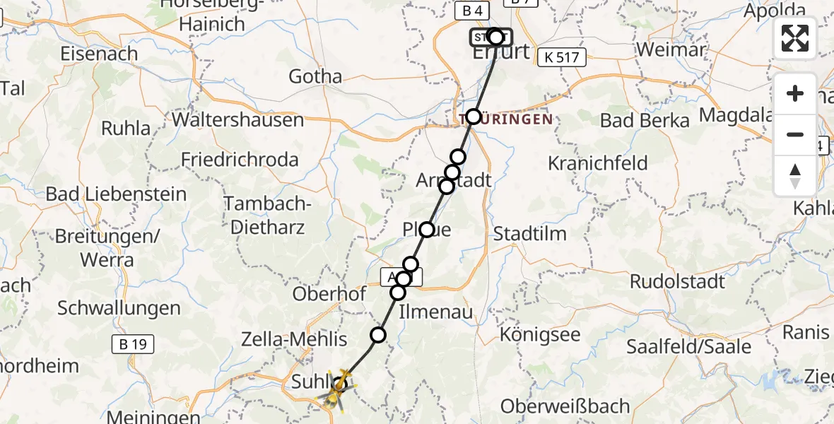 Flugroute Rettungshubschrauber Helios Clinic Erfurt - Schleusingen, 22 April 2026, 09:52
