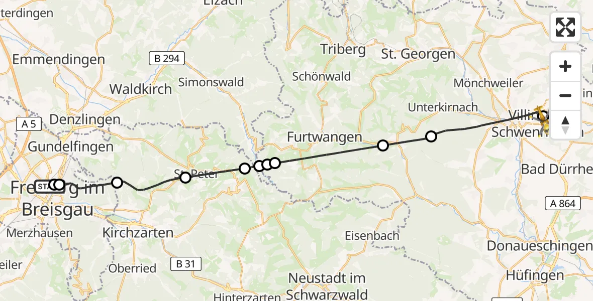 Flugroute Rettungshubschrauber Freiburg University Hospital Heliport 1 - DRF Air Rescue Station Villingen-Schwenningen Hubschrauberlandeplatz (Christoph 11), 22 April 2026, 09:55