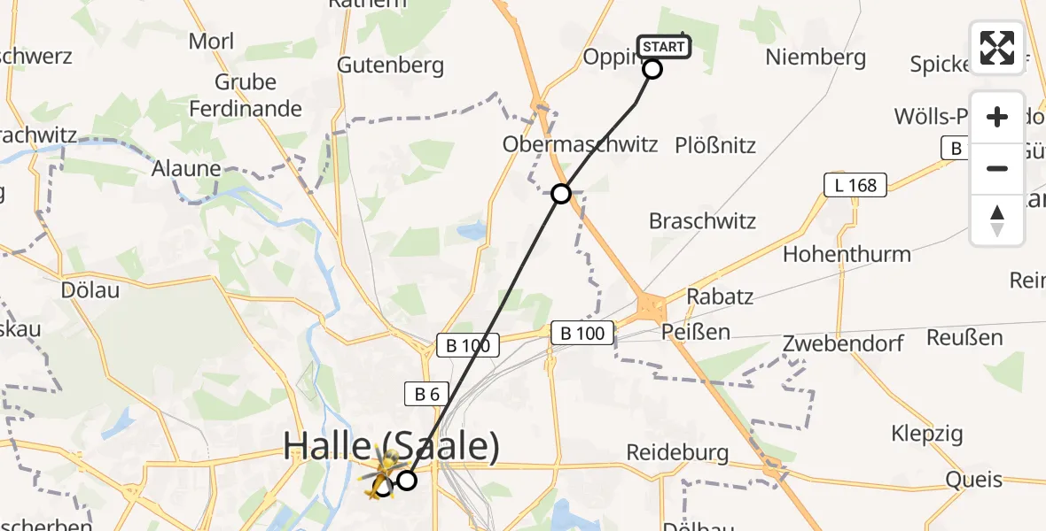 Flugroute Rettungshubschrauber Halle-Oppin Flugplatz - Sankt Elisabeth and Sankt Barbara Hospital Halle (Saale), 22 April 2026, 09:59