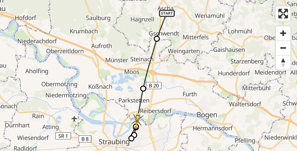 Flugroute Rettungshubschrauber Ascha - Straubing, 22 April 2026, 10:04