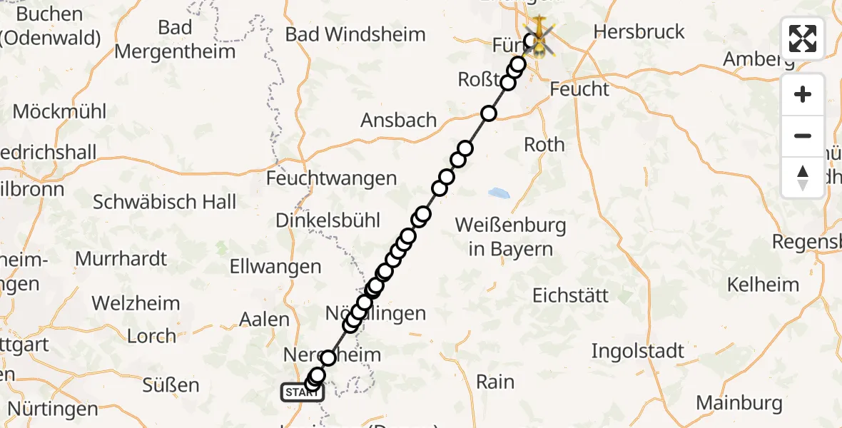 Flugroute Ambulanzhubschrauber Heidenheim an der Brenz - Flughafen Nuremberg, 22 April 2026, 10:06