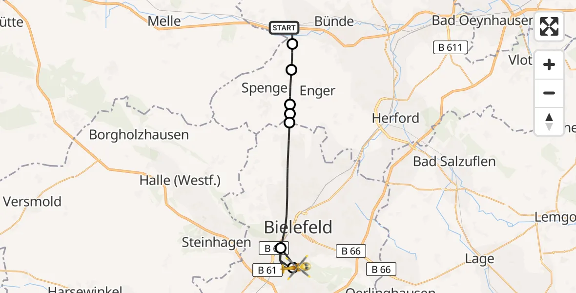Flugroute Rettungshubschrauber Bünde - Luftrettungszentrum Bielefeld, 22 April 2026, 10:17