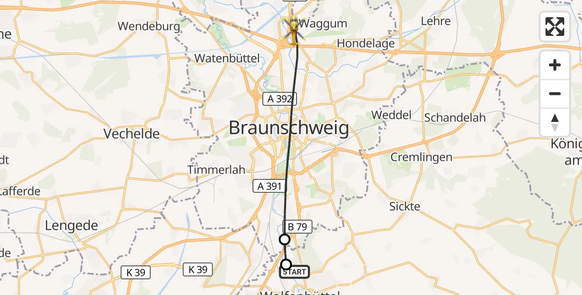 Flugroute Rettungshubschrauber Wolfenbüttel Municipal Hospital Heliport (Christoph 30) - Braunschweig, 22 April 2026, 10:26
