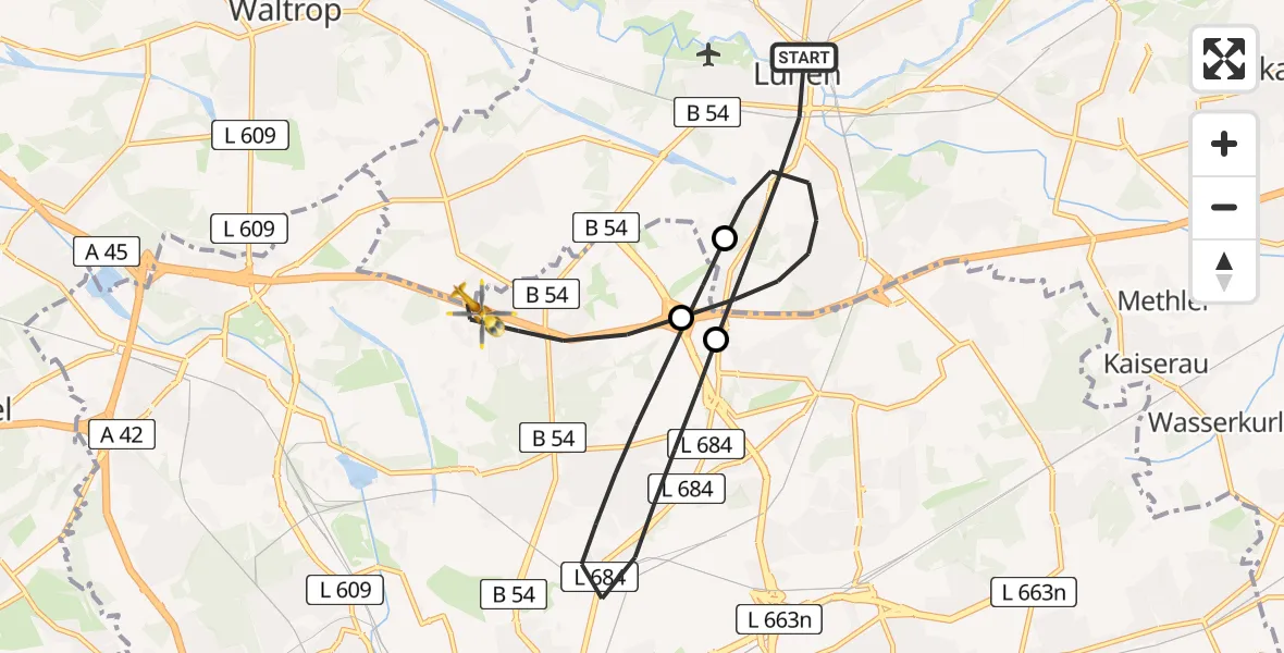 Flugroute Rettungshubschrauber Lünen - Dortmund, 22 April 2026, 10:26