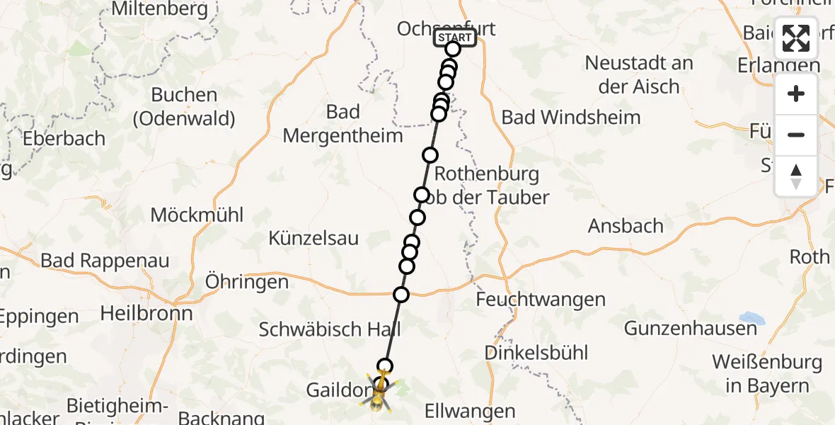 Flugroute Rettungshubschrauber Marktbreit - Bühlerzell, 22 April 2026, 10:32