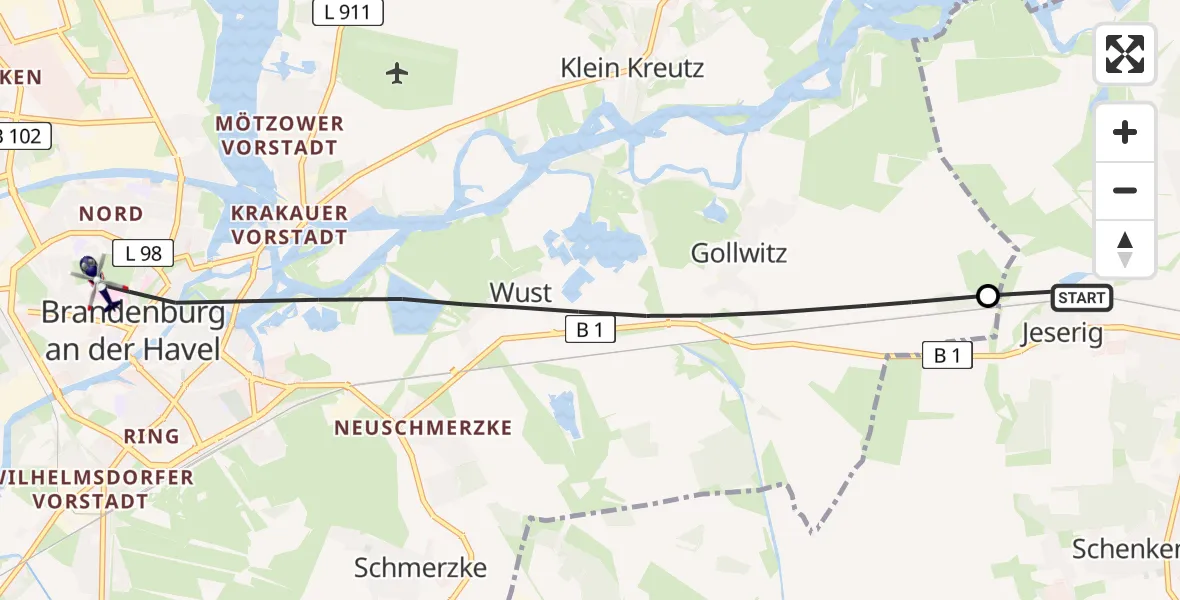 Flugroute Polizeihubschrauber Groß Kreutz (Havel) - Brandenburg an der Havel, 22 April 2026, 10:33
