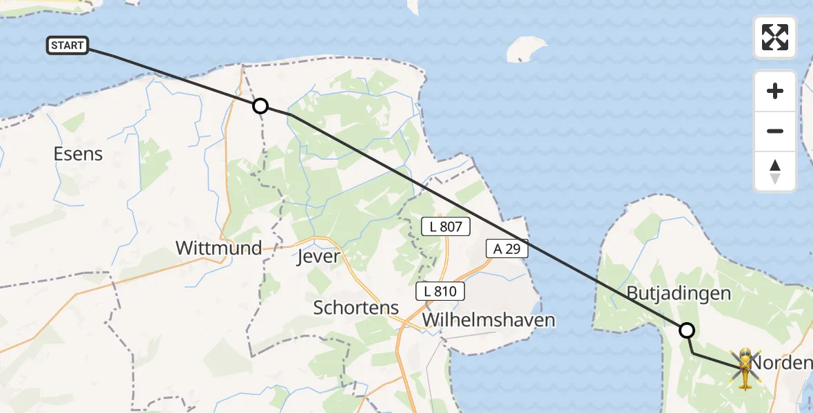 Flugroute Rettungshubschrauber Noordzee - Nordenham, 22 April 2026, 10:39
