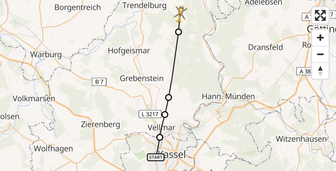 Flugroute Rettungshubschrauber Kassel - Trendelburg, 22 April 2026, 10:41