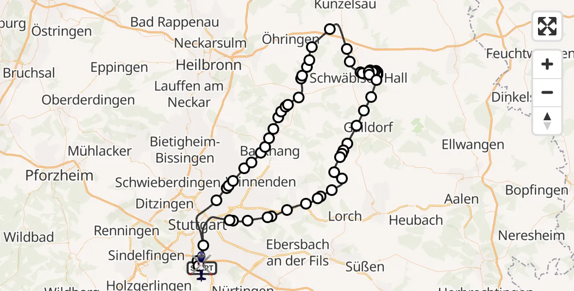 Flugroute Polizeihubschrauber Flughafen Stuttgart - Flughafen Stuttgart, 22 April 2026, 10:46