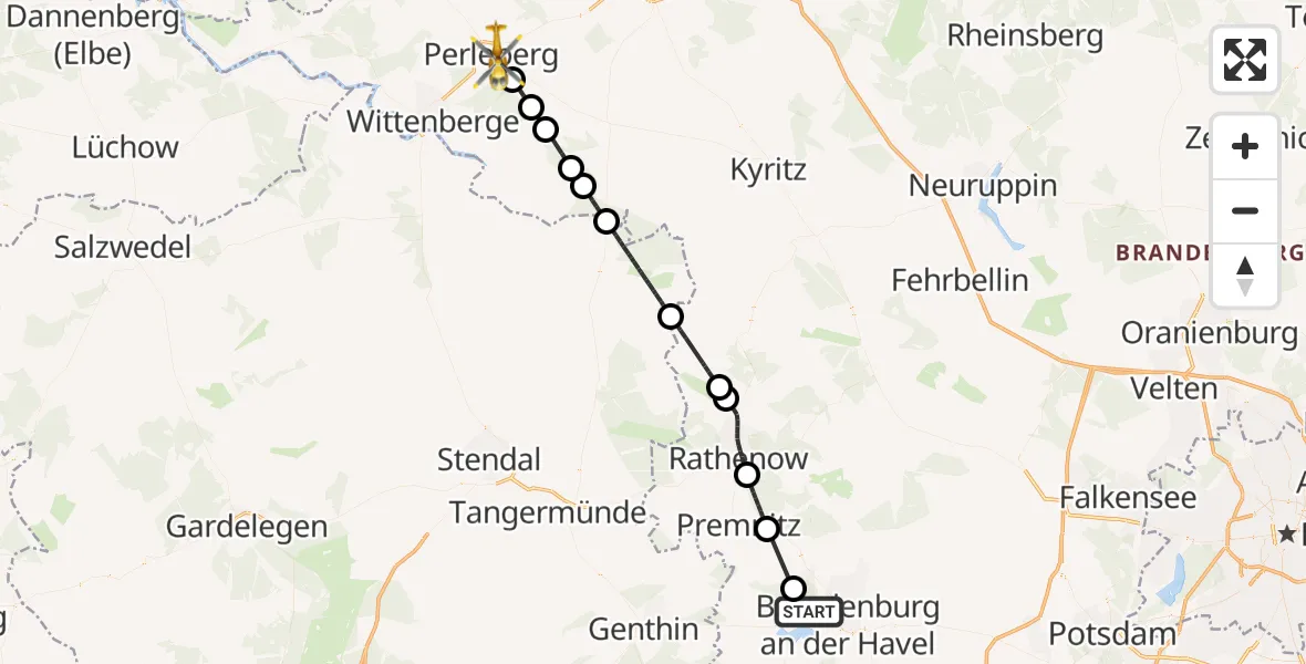 Flugroute Rettungshubschrauber Brandenburg an der Havel - Perleberg, 22 April 2026, 10:50