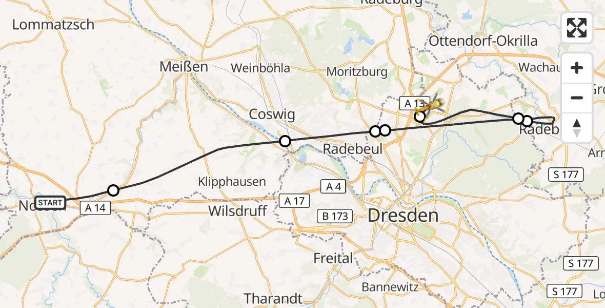 Flugroute Rettungshubschrauber Nossen - Dresden Flughafen, 22 April 2026, 10:53