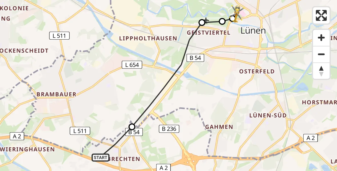 Flugroute Rettungshubschrauber Dortmund - Sankt Marien Hospital, 22 April 2026, 10:55