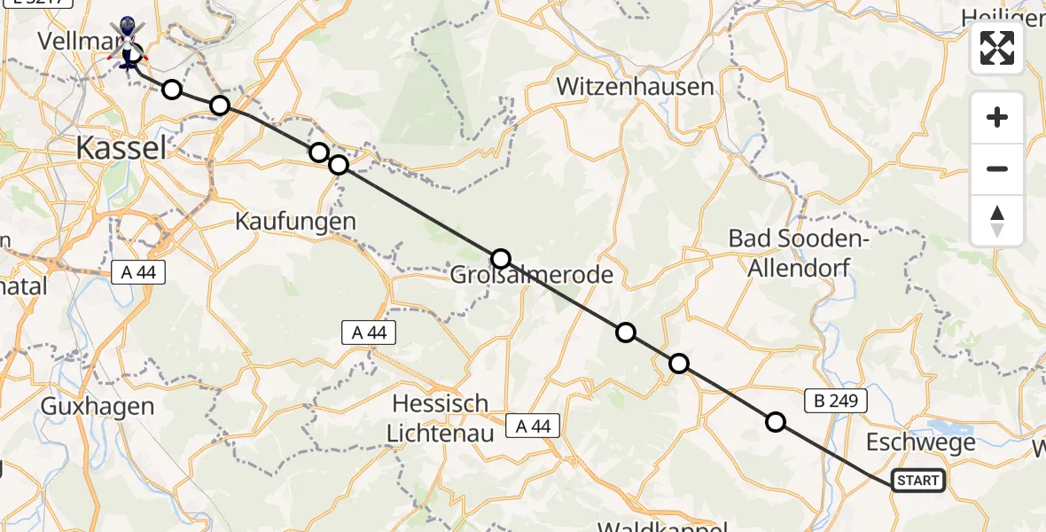 Flugroute Polizeihubschrauber Eschwege - Fuldatal Bundespolizei Hubschrauberlandeplatz, 22 April 2026, 10:59