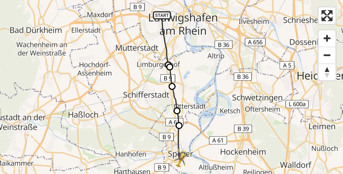 Flugroute Rettungshubschrauber Ludwigshafen am Rhein - Speyer, 22 April 2026, 11:00