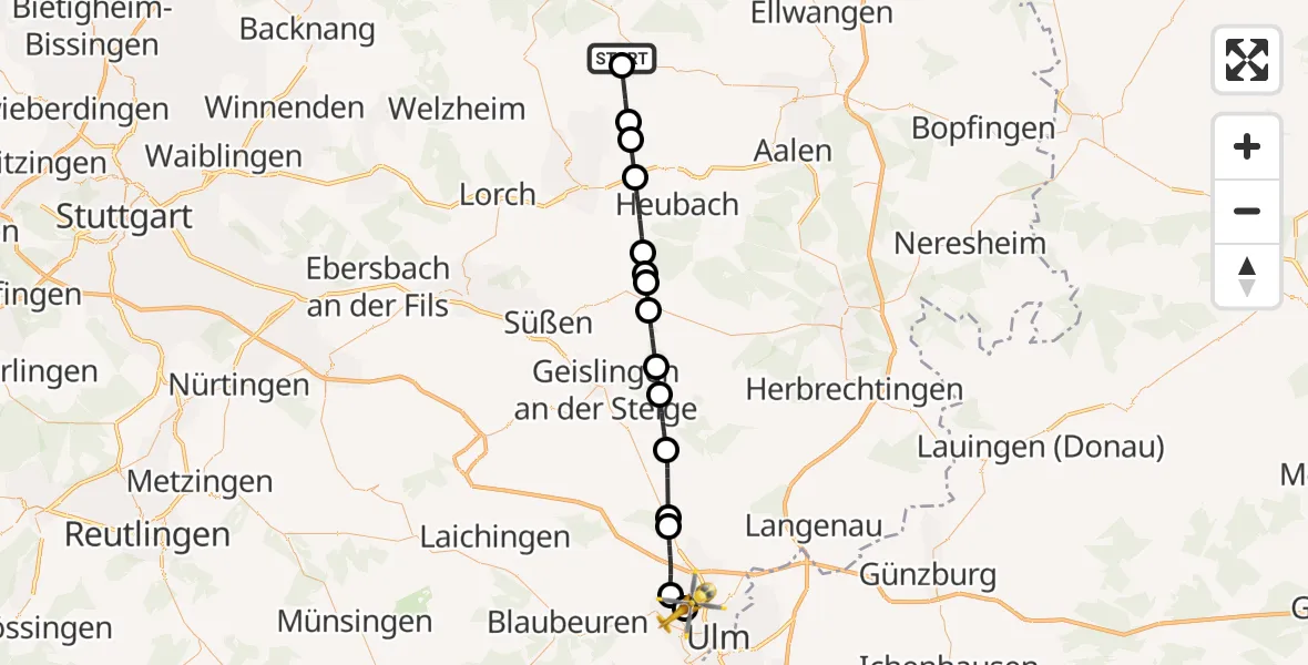 Flugroute Rettungshubschrauber Sulzbach-Laufen - Ulm Military Hospital Emergency, 22 April 2026, 11:13