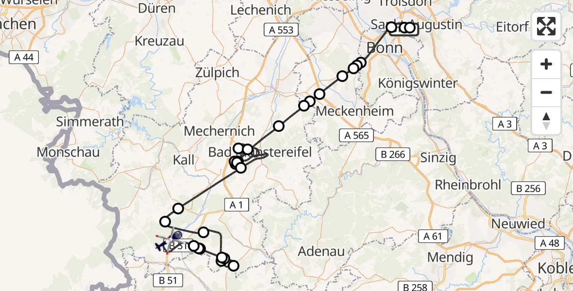 Flugroute Polizeihubschrauber Sankt Augustin - Dahlem, 22 April 2026, 11:15
