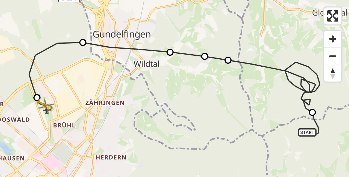 Flugroute Ambulanzhubschrauber Stegen - Freiburg im Breisgau Flugplatz, 22 April 2026, 11:22