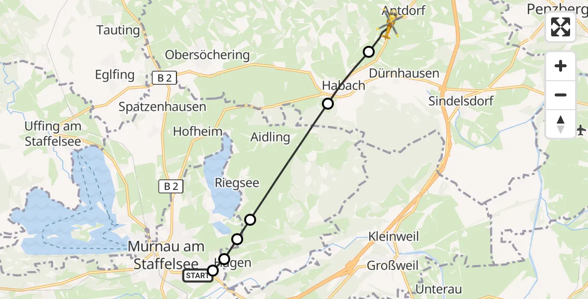 Flugroute Rettungshubschrauber Murnau Accident Hospital - Antdorf, 22 April 2026, 11:24