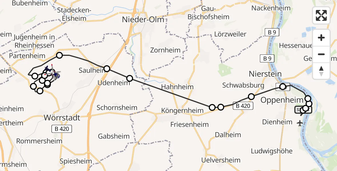Flugroute Polizeihubschrauber Oppenheim - Saulheim, 22 April 2026, 11:29