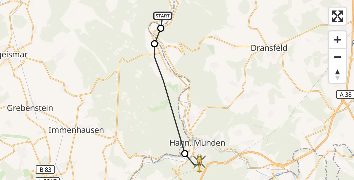 Flugroute Rettungshubschrauber Reinhardshagen - Hann.Münden, 22 April 2026, 11:34