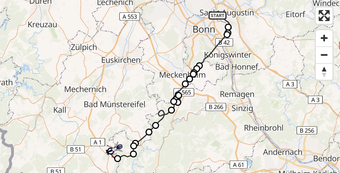 Flugroute Polizeihubschrauber Sankt Augustin - Ohlenhard, 22 April 2026, 11:35