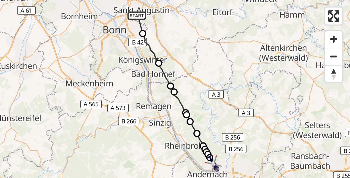 Flugroute Polizeihubschrauber Sankt Augustin - Neuwied, 22 April 2026, 11:36