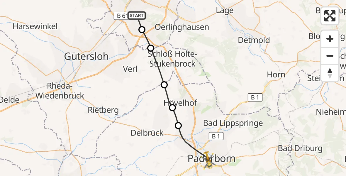 Flugroute Rettungshubschrauber Luftrettungszentrum Bielefeld - Paderborn, 22 April 2026, 11:38