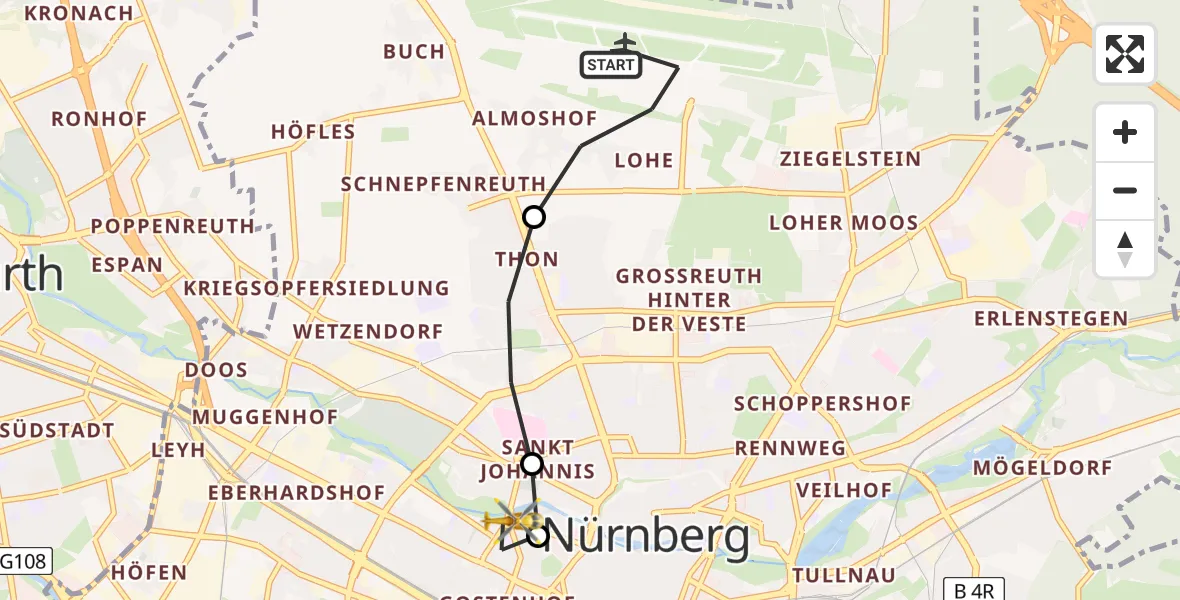 Flugroute Rettungshubschrauber Flughafen Nuremberg - Deutschherrnwiese Hubschrauberlandeplatz, 22 April 2026, 11:39