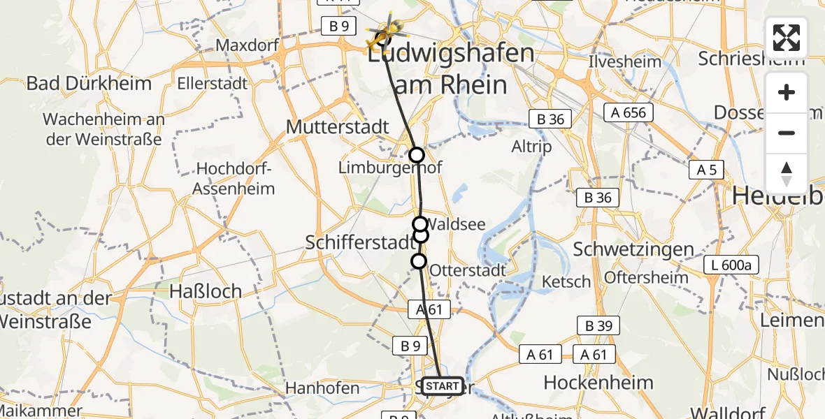 Flugroute Rettungshubschrauber Speyer - Ludwigshafen Accident Hospital, 22 April 2026, 11:39