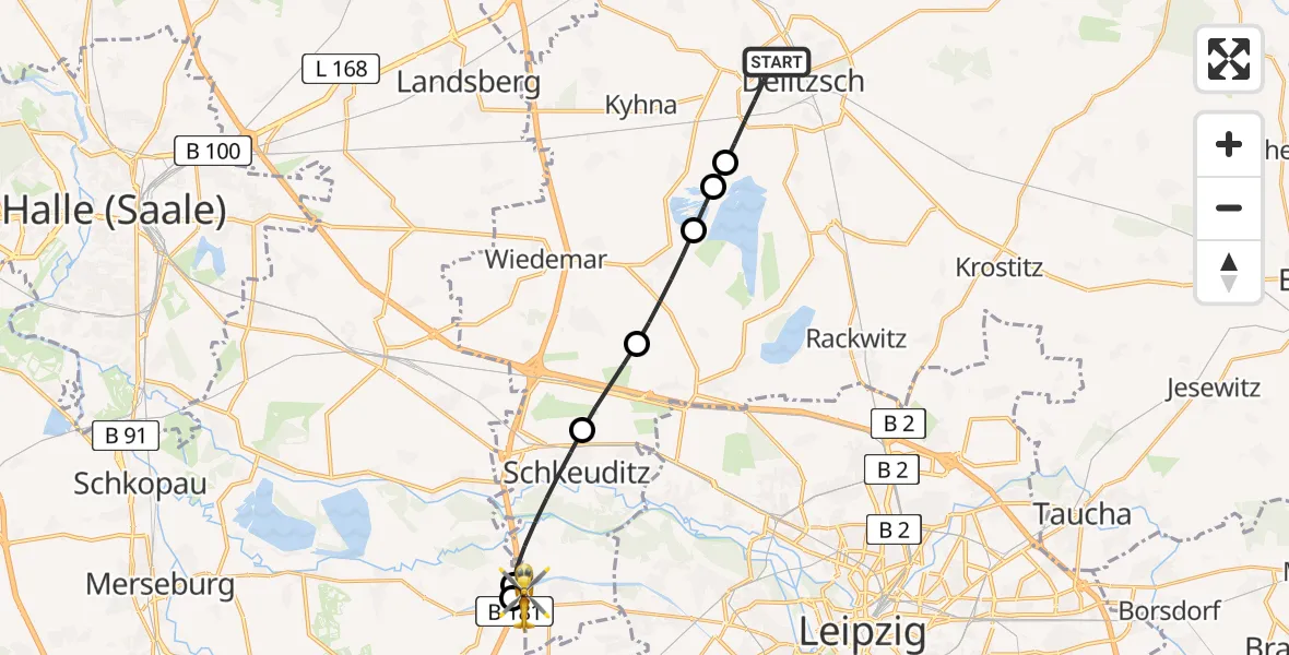 Flugroute Rettungshubschrauber Delitzsch - ADAC Air Rescue Station Leipzig/Schkeuditz-Dölzig Hubschrauberlandeplatz (Christoph 61), 22 April 2026, 11:41