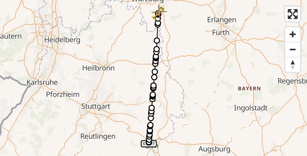 Flugroute Rettungshubschrauber Ulm Military Hospital Emergency - Ochsenfurt Hospital, 22 April 2026, 11:42