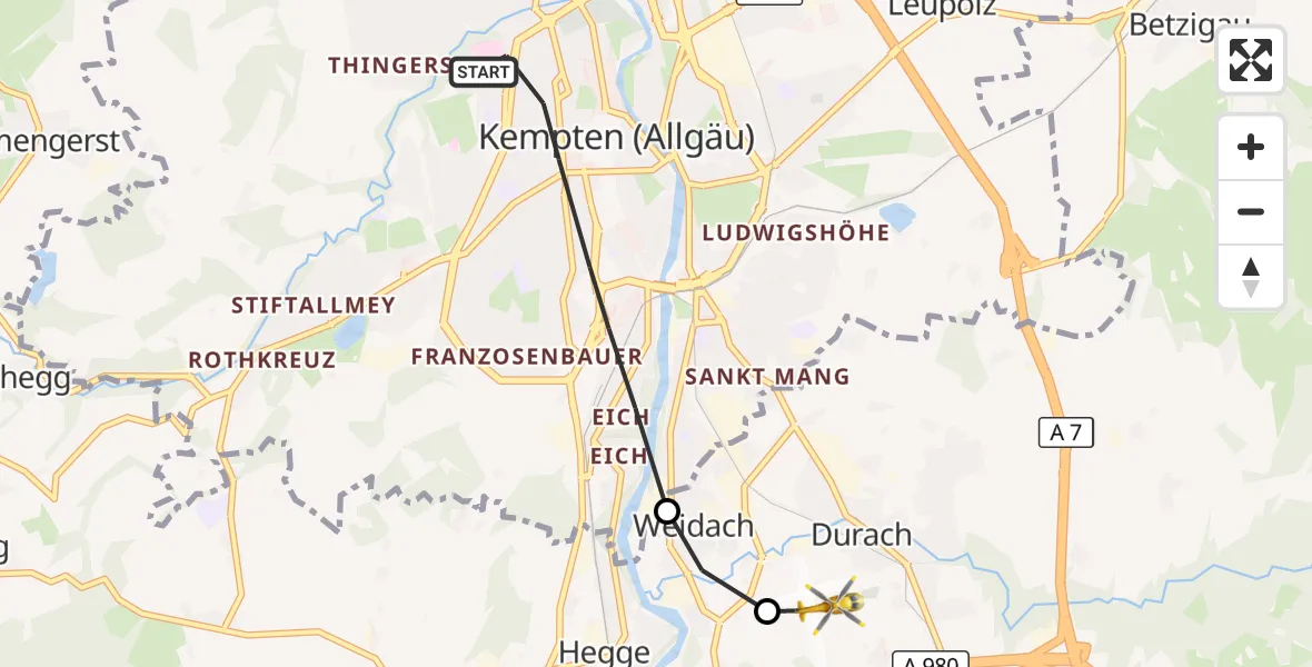 Flugroute Rettungshubschrauber Kempten (Allgäu) - Kempten-Durach Flugplatz, 22 April 2026, 11:53