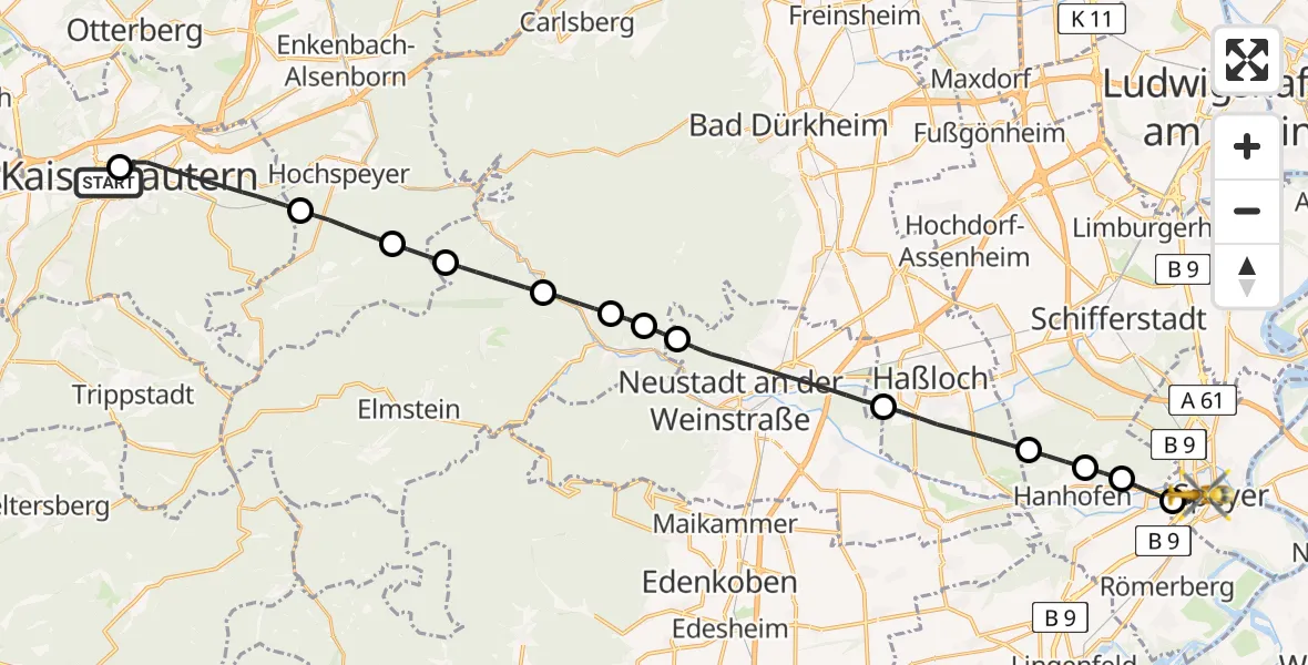 Flugroute Rettungshubschrauber Westpfalz Hospital Kaiserslautern - Speyer, 22 April 2026, 11:59