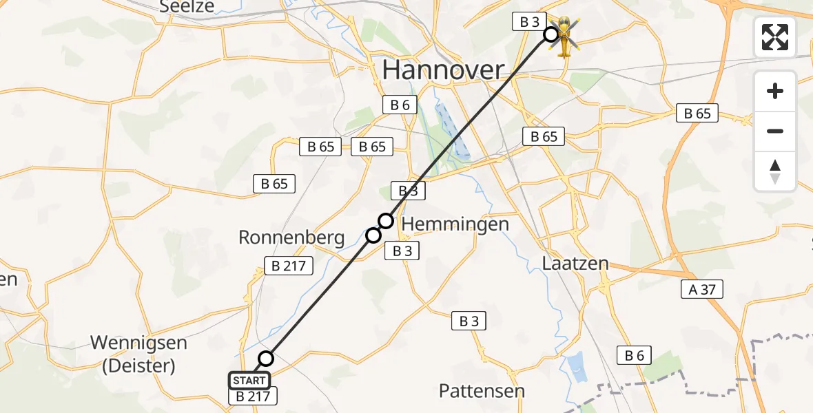 Flugroute Rettungshubschrauber Wennigsen (Deister) - Hannover Luftrettung Hubschrauberlandeplatz (Christoph 4), 22 April 2026, 12:00