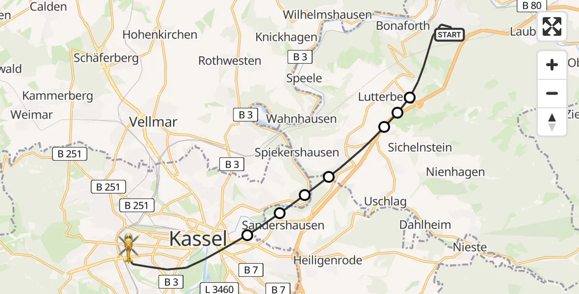 Flugroute Rettungshubschrauber Hann.Münden - Kassel, 22 April 2026, 12:05