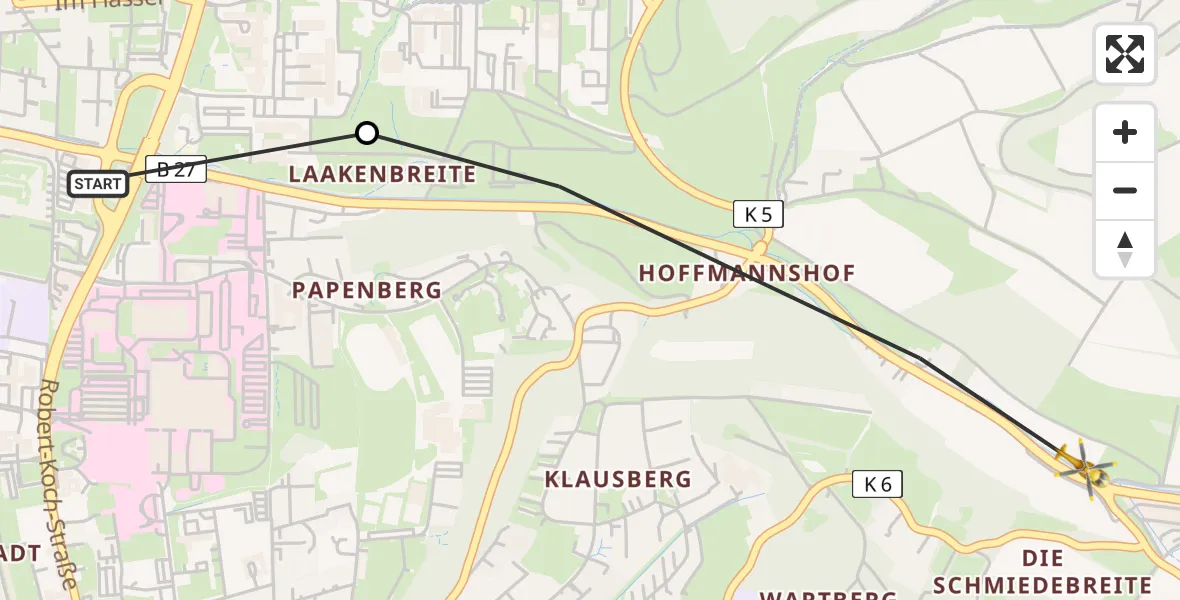 Flugroute Rettungshubschrauber Göttingen University Clinic Hubschrauberlandeplatz - Göttingen, 22 April 2026, 12:28